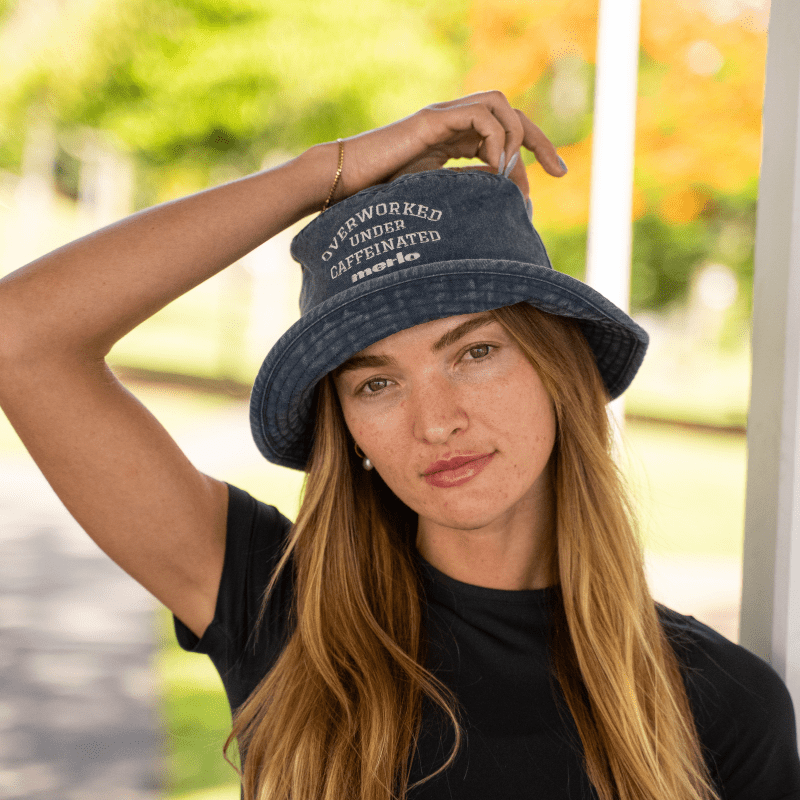 'Overworked Under Caffeinated' Washed Navy Denim Bucket Hat