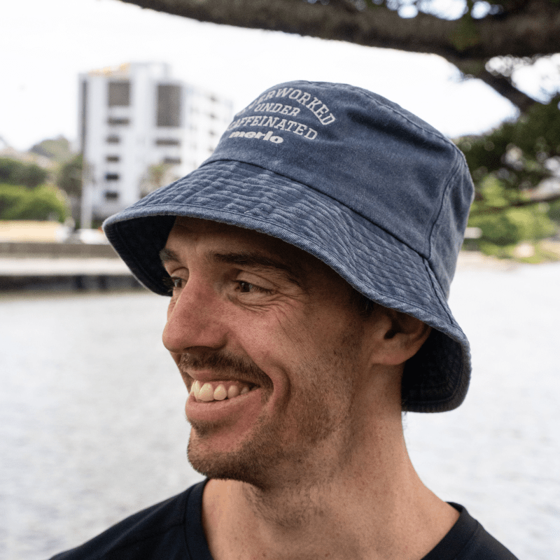 'Overworked Under Caffeinated' Washed Navy Denim Bucket Hat