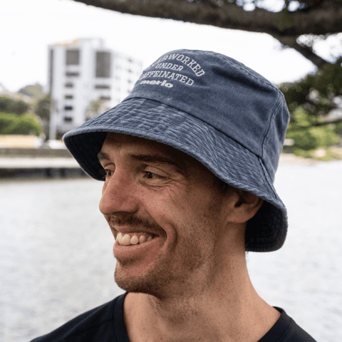 'Overworked Under Caffeinated' Washed Navy Denim Bucket Hat
