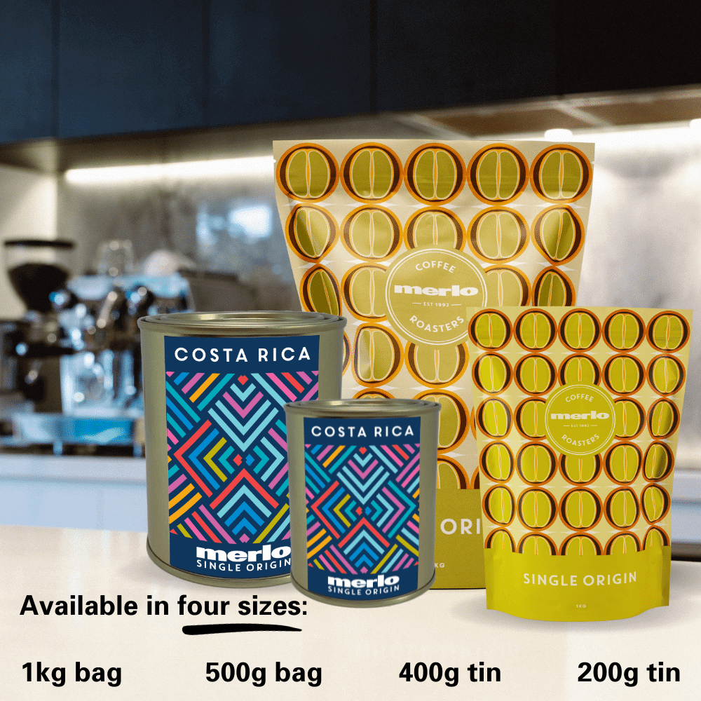 Costa Rica Single Origin Merlo Coffee beans in four sizes of tins and bags available now